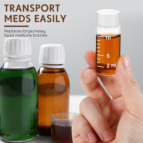 Baderke 4 Pcs Liquid Medicine Travel Container Scale Glass Liquid Containers Small Single Dose Medicine Bottles Dispenser and Leak-proof Plug Travel Essentials Accessories(Clear,10ml)3