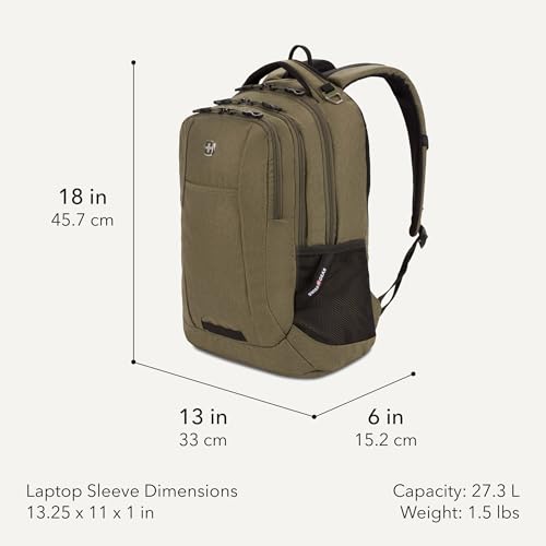 Image of SwissGear 5505 Cecil 16 inch Laptop Backpack Olive - Daily Laptop Bag with Gear Attachment Options - Multiple Organizer Pockets & Padded Shoulder Straps