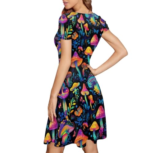 Image of HUGS IDEA Womens Puffy Swing Midi Dress Round Neck Short Sleeve Party A-Line Dresses