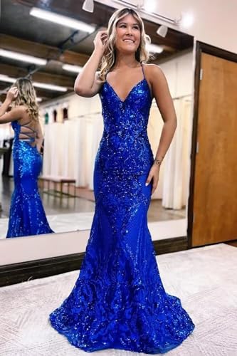TIRAS Long Sequin V Neck Prom Dresses Spaghetti Straps Mermaid Formal Party Evening Gowns for Women CM2674