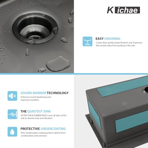 Image of Kichae 36 Black Kitchen Sink Drop In - 36x22 Drop Sink Gunmetal Black Stainless Steel 16G Single Bowl Kitchen Sinks Workstation Handmade Topmount Basin