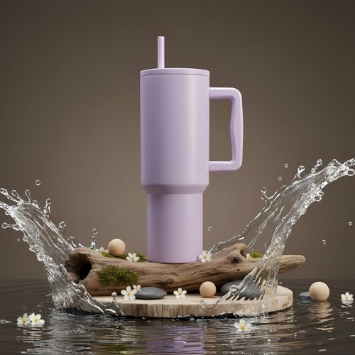 Image of Personalised 1200ml Insulated Stainless Steel Tumbler with Handle and Straw Lid - Large Travel Mug for Coffee & Water, Double Wall Vacuum Cup, Car Cupholder Friendly (Lavender Mist)