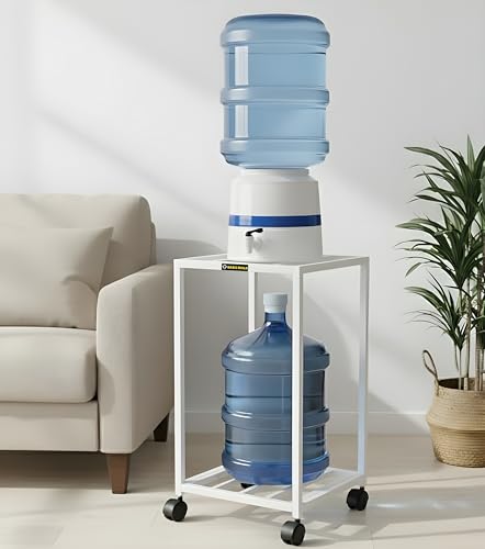 Image of 2-Tier Metal Water Dispenser Stand with Lockable Wheels ? Heavy-Duty Frame Cart for 20?25L Bottles, Cans & Jars | Multifunctional Kitchen & Home Storage and Mobility Solution (White)