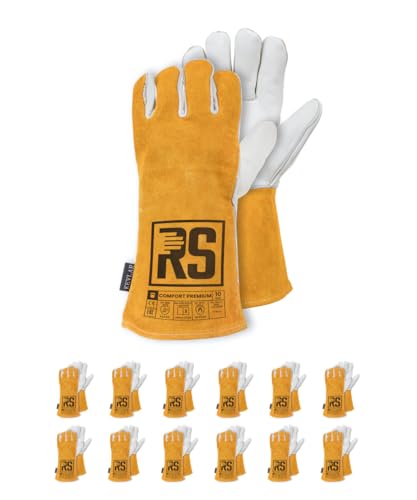 RS COMFORT PREMIUM Schweißerhandschuh MontageHandschuhe aus Rindsleder mit Kevlar Nähten/Größe 10, 12 Paar/Gelb Weiß/Arbeitshandschuhe Leder/Lederhandschuhe Schutzhandschuhe