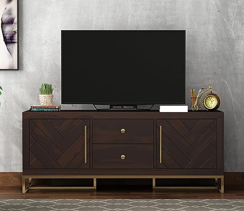 Image of Premium Solid Sheesham Wood TV Unit with 2 Drawers, 4 Shelves, and 2-Door Storage - Accommodates up to 55-Inch TV - Ideal for Living Room (Zane, Walnut Finish)
