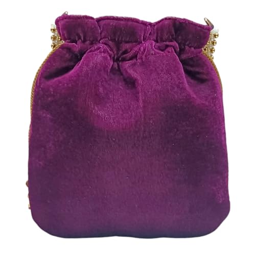 Image of Velvet Potli Bag with Golden & Silver Beaded Flower Embroidery - Handcrafted Ethnic Drawstring Bag for Weddings, Parties & Festive Gifts - Beaded Handle & Tassels for Women