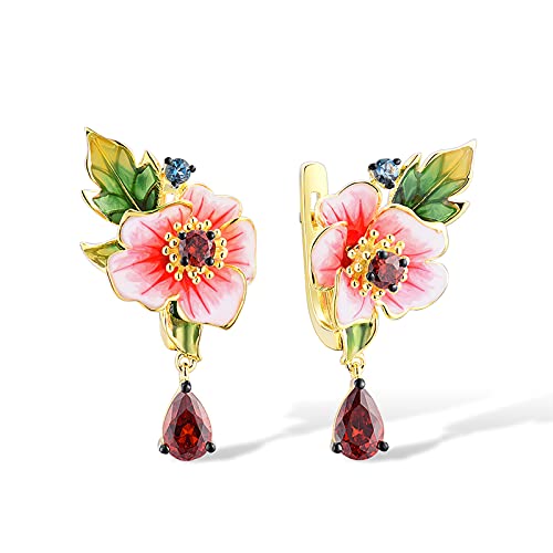 Santuzza Peony Pink Flower Earrings 925 Sterling Silver Garnet Enamel Leaf Floral Dangle Earrings For Women #TOP9