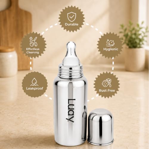 Image of LUAY Baby Steel Feeding Bottle 250ml | Baby Milk Bottle with Advanced Anti Colic Valve, BPA Free, Soft Silicone Teat, Wide Neck for Babies /Infants /Newborns (Pack of 2)
