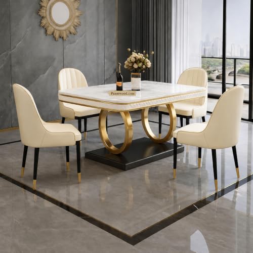 Image of Dining Table with Nano Composite Marble Top & PVC Golden Wooden Base | Fabric Upholstered Chairs | Modern Dining Table Set for Home, Dining Room (Cream, White Marble Top, 4 Seater)