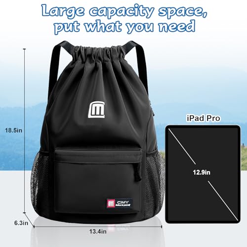 Tesmien Drawstring Bags,Waterproof Swimming Bags Unisex Sports Backpacks for Kids Adult Large Drawstring Sackpacks Bags for School Gym Sports Travel Swimming-Black - Image 3