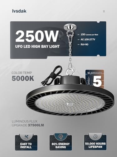 Image of lvsdak LED High Bay Lights 250w (Eqv.1000w Mh /Hps /Hid),5000K Daylight 37500lm with 5ft Cable High Bay Led Shop Lights Commercial Lighting Fixture for Warehouse Garage Light Barn Factory 6 Pack