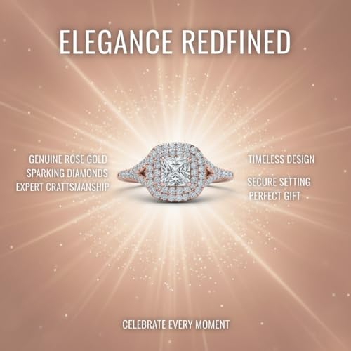 Image of Choose Your Gemstone Delicate Double Halo Diamond CZ Ring Rose Gold Plated Princess Shape Halo Engagement Rings Matching Jewelry Wedding Jewelry Easy to Wear Gifts US Size 4 to 12
