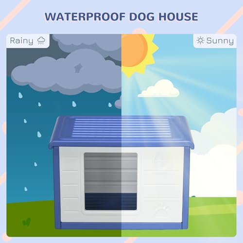 PawHut Hundehütte für den Außenbereich, aus Kunststoff, Haus für Hunde, mit Belüftungsöffnungen, wasserbeständig, Zwinger, Maße: 60 x 42 x 40 cm, Blau und Weiß