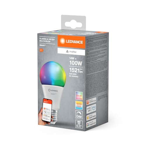 LEDVANCE Lámpara LED SMART+ MATTER, aspecto esmerilado, 14W, 1521 lm, forma clásica con casquillo E27, función RGBW y luz blanca, control por aplicación o por voz, vida útil de hasta 20.000 horas - imagen 10