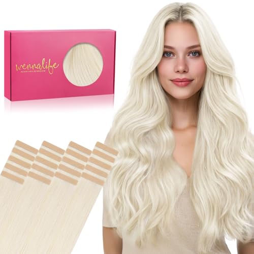 Image of WENNALIFE Tape in Hair Extensions Human Hair, 20pcs 50g 20 inch White Blonde Remy Hair Extensions Straight Human Hair Tape in Extensions Skin Weft Tape Extensions Human Hair
