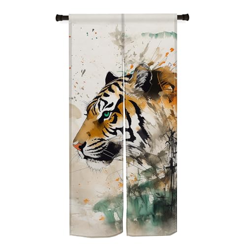 Qinunipoto 暖簾 虎 動物柄 水墨風 シンプル風 幅72cm丈150cm インテリア 出入り口 目隠し おしゃれ すだれ 遮光 部屋 間仕切りカーテン 門カーテン ポリエステル製 オーダー可 簡単取付 四季兼用