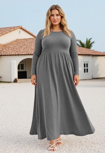 Image of Nemidor Plus Size Maxi Dress for Curvy Women Fall Casual Loose Long Sleeve Dresses with Pocket 14-26