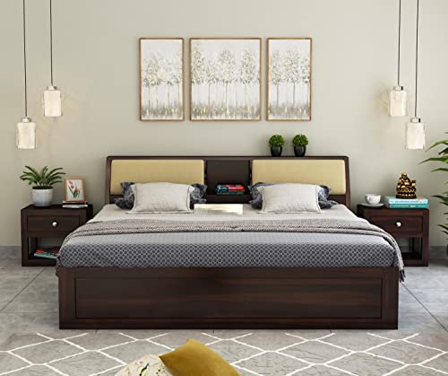 Image of STRATA FURNITURE Sheesham Wood King Size Bed with Box Storage Wooden Double Bed Cot Bed Furniture for Bedroom Living Room Home - (Walnut Finish)