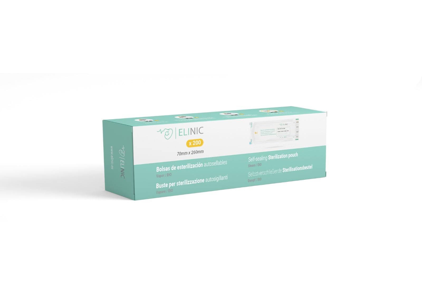Sacchetti autoadesivi per sterilizzazione a vapore e EtO 200 pezzi (70 x 260 mm)