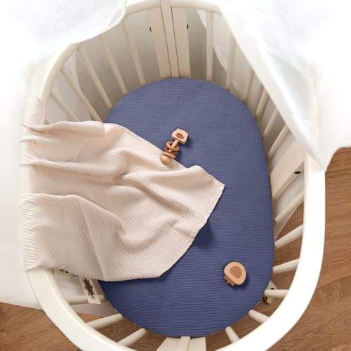 Image of lulumoon Baby Muslin Bassinet Sheets: Cotton Bassinet Sheets Neutral for Boys and Girls - Fitted for Oval Rectangle or Hourglass (Navy & Cream, Standard Bassinet)