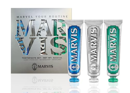 Marvis Best Sellers Trio, Classic Strong Mint, Whitening Mint, Aquatic Mint, 3 tubes 75ml/3.8oz each
