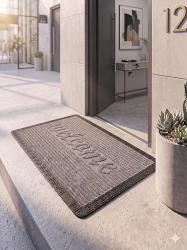 Image of Heavy Duty Front Door Mat 2x3 Feet, Outdoor Indoor Welcome Mat, Non Slip Dirt Trapper Entrance Rug for Entryway, Patio & Porch,Washable Low Profile Welcome Mat (Grey Welcome 2 x 3 Feet)