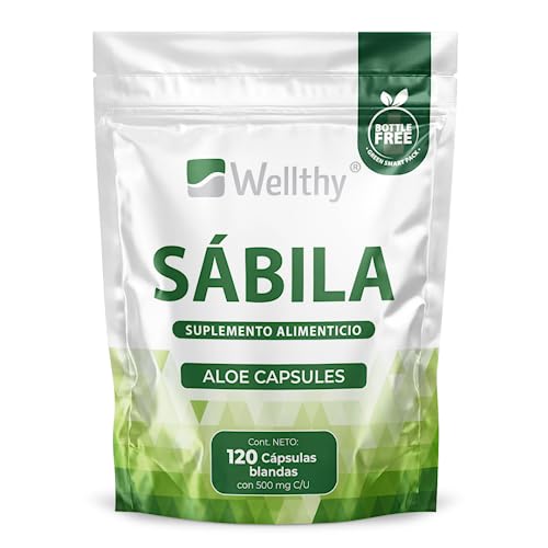Vitamínicos, Wellthy Sábila 120 Cápsulas de Aloe Vera. 500mg c/u. Cápsulas Blandas, Bottle Free.