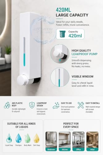 Image of BATH GURU ABS 420ml Wall Mounted Liquid Soap Dispenser for Bathroom, White | Premium Plastic Handwash Dispenser with Leakproof Pump for Liquid Soap, Shampoo & Sanitizer, Refillable for Bathroom, Kitchen