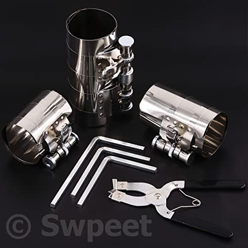 Swpeet 3Pcs 3 Inch Stainless Steel Piston Ring Compressor And Adjustable Piston Installation Tool Installer Removal Pliers With Wrench Assortment Kit Perfect For Car Engine #TOP6