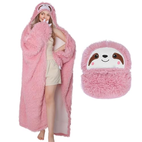 MSISILY Faultier Decke Mit Ärmeln und Kapuze Kuscheldecke Flauschig Fleecedecke Wohndecken Warm Sherpa Sofaüberwurf Decke für Frauen Herren 160x130cm