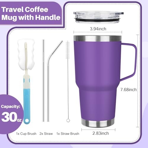 GUDEMAO 30 oz Stainless Steel Insulated Tumbler with Handle, Lid and Straw, Double Wall Vacuum Insulated Coffee Mug, Insulated Coffee Thermal Cup for Cold and Hot (Purple)