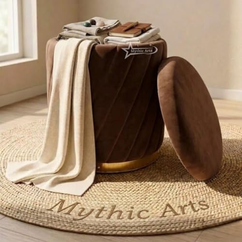 Image of Mythic ArtsRound Upholstered Sitting Stool & Footrest Velvet Storage Ottoman Pouffe13 X 13X 16 inch | Versatile Puffy for Living Room, Bedroom, and Office ? Chic Home Furnishings & Dcor Brown