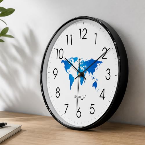 Image of RANDOM Black Plastic World Map Print Sweep Silent Round Battery Operated Analog Wall Clock for Home Office, Living Room, 32 cm