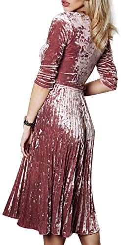 Simple Flavor Women's Vintage Velvet Midi Dress 3/4 Sleeve Flare Swing Pleated A-Line Party Dress