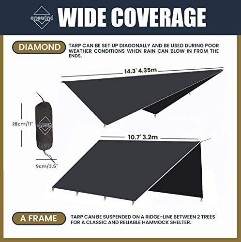 Onewind 11ft Hammock Tarp, Lightweight Silnylon Hammock Rain Fly, 4000mm Waterproof 4-Season Multiple Shelter Solution Camping Tarp Tent with Complete Accessories, Dark Grey