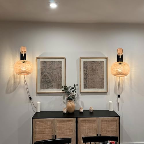 Zecoxol 0-01 Rattan Wall Sconces Set Of Two Plug In,Farmhouse Plug In Wall Sconces Hand Woven Bamboo Wall Light Fixtures thumb #4