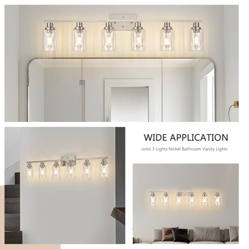 Image of Jonsi Brushed Nickel Bathroom Light Fixtures, 6-Light Brushed Nickel Vanity Light, Bathroom Vanity Light with Stripe Glass Shade, E26 Wall Sconces Over Mirror for Bathroom, Living Room, Hallway