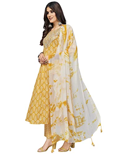 Image of Vbuyz Women's Cotton Print & Sequience A-Line Stitched Kurta Pant with Dupatta (VF-KU-1721-SKD-40 Yellow Large)