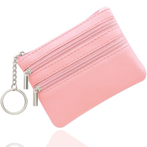 Klein Münzbörse, Leder Geldbörse Kreditkartenbörse mit DREI Fächern, Reißverschluss, Schlüsselanhänger, Klein Geldbeutel Business Card Mini Wallet für Damen…