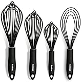 Anaeat Silicone Kitchen Whisk Set of 4, Perfect for Non-Stick Cookware, Egg Beater Milk ​Blender for Whisking, Cooking, Baking, Beating - 11'' Flat Whisk and 9''+11''+12'' Balloon Whisks (Black)