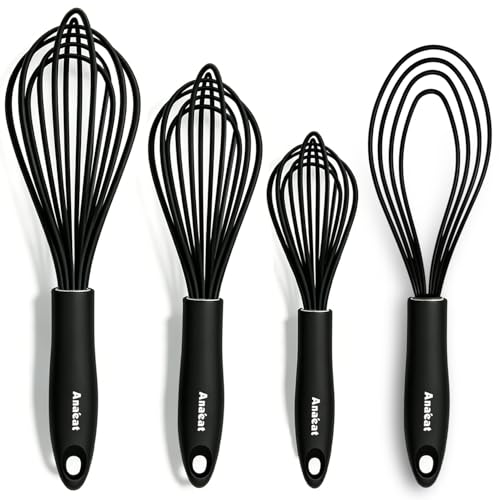 Anaeat Silicone Kitchen Whisk Set of 4, Perfect for Non-Stick Cookware, Egg Beater Milk Blender for Whisking, Cooking, Baking, Beating - 11'' Flat Whisk and 8.5''+10.5''+12'' Balloon Whisks (Black)