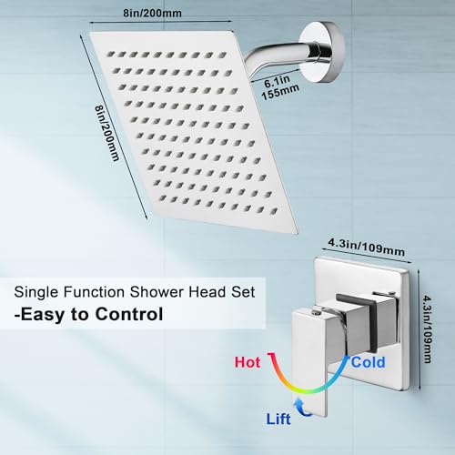 Set de grifería para baño SKOWLL, montaje en pared, cabezal de ducha de 8 pulgadas, sistema de ducha con válvula y mango, función simple, acabado en cromo pulido miniatura 6