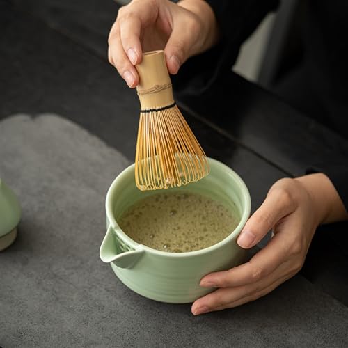 Miniatura 4 de Lvyuds Bambú Te Matcha Kit, Hecho A Mano Cuchara Cerámica Horno Ru Cuenco De Matcha Soporte Japonés Kit De Matcha Juego De 4 Piezas Fiesta Del Té Amantes Regalo Imprescindible Brown