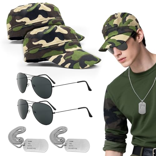 TUONYIS 6 Pièces Militaire Capitaine de Costume, Déguisement Militaire Pilote, avec Chapeau Camouflage, Lunettes de Soleil et Plaque d'identité, pour...