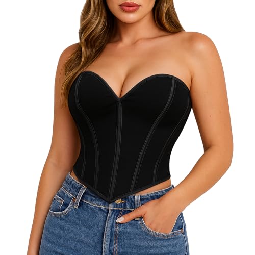 LEACOOLKEY Women Sexy Bustier Corset Vintage Floral Overbust Corset Fashion Strapless Party Crop Top