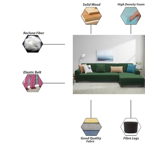 Image of Kraven RHS 6 Seater L Shape Sofa Set for Living Room (Green Fabric) Premium Fabric Sofa