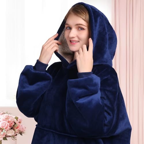 Image of Waitu Oversized Wearable Blanket Sweatshirt Gifts for Women and Men, Soft Sherpa Blanket Hoodie with Sleeves and Pocket, Warm Body Blanket Robe - Navy