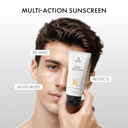 Image of Urbangabru Detan Sunscreen SPF 50 PA++++ for Men | For Oily, Dry & All Skin Types | No White Cast, Lightweight & Non-Sticky | De-Tan & Brightening Face Cream with Niacinamide & Kojic Acid | UVA /UVB Protection | 50g