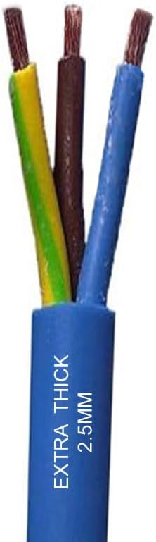 EXTRA THICK 2.5mm Arctic Blue 3 Core 25 Amp Electrical Cable Flex 3 Core Caravan, Camping, General Home or Industrial Use, Power Tools Heavy Duty (1 Metre)