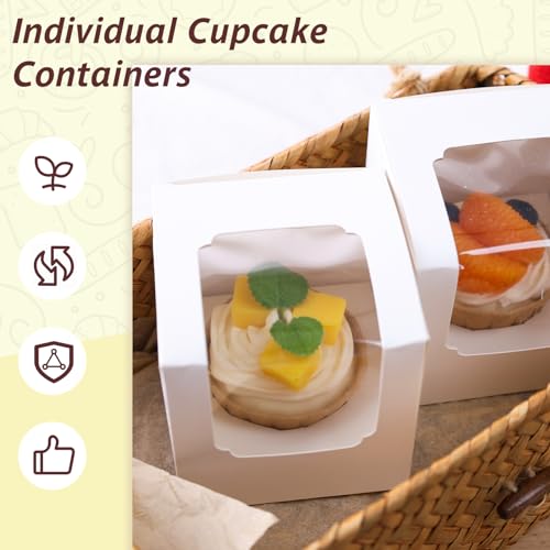 JOHOUSE 60PCS Cupcake Boxes, 3.5\"x3.5\"x3.5\" Individual Cupcake Containers with Window and Inserts for Wedding Baby Shower Mothers Day Birthday Gifting